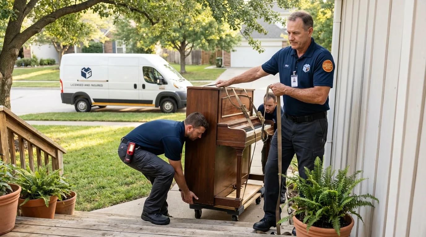 Licensed piano movers securing grand piano in Willmar, MN
