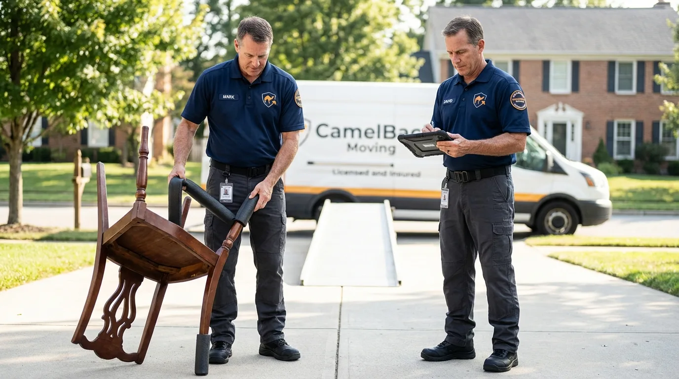 Movers inspecting furniture for damage prevention before loading in Willmar, MN
