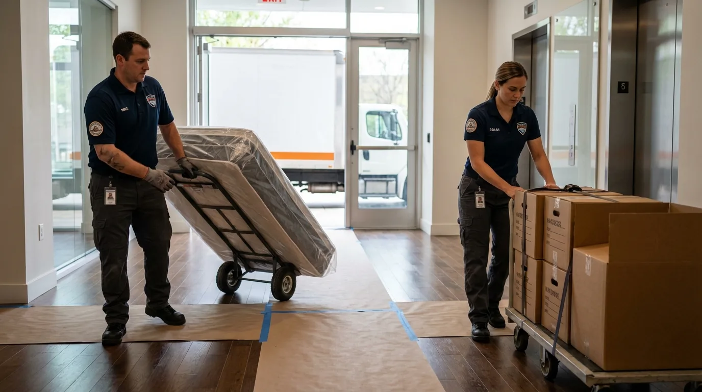 Professional apartment movers loading elevator in Willmar, MN