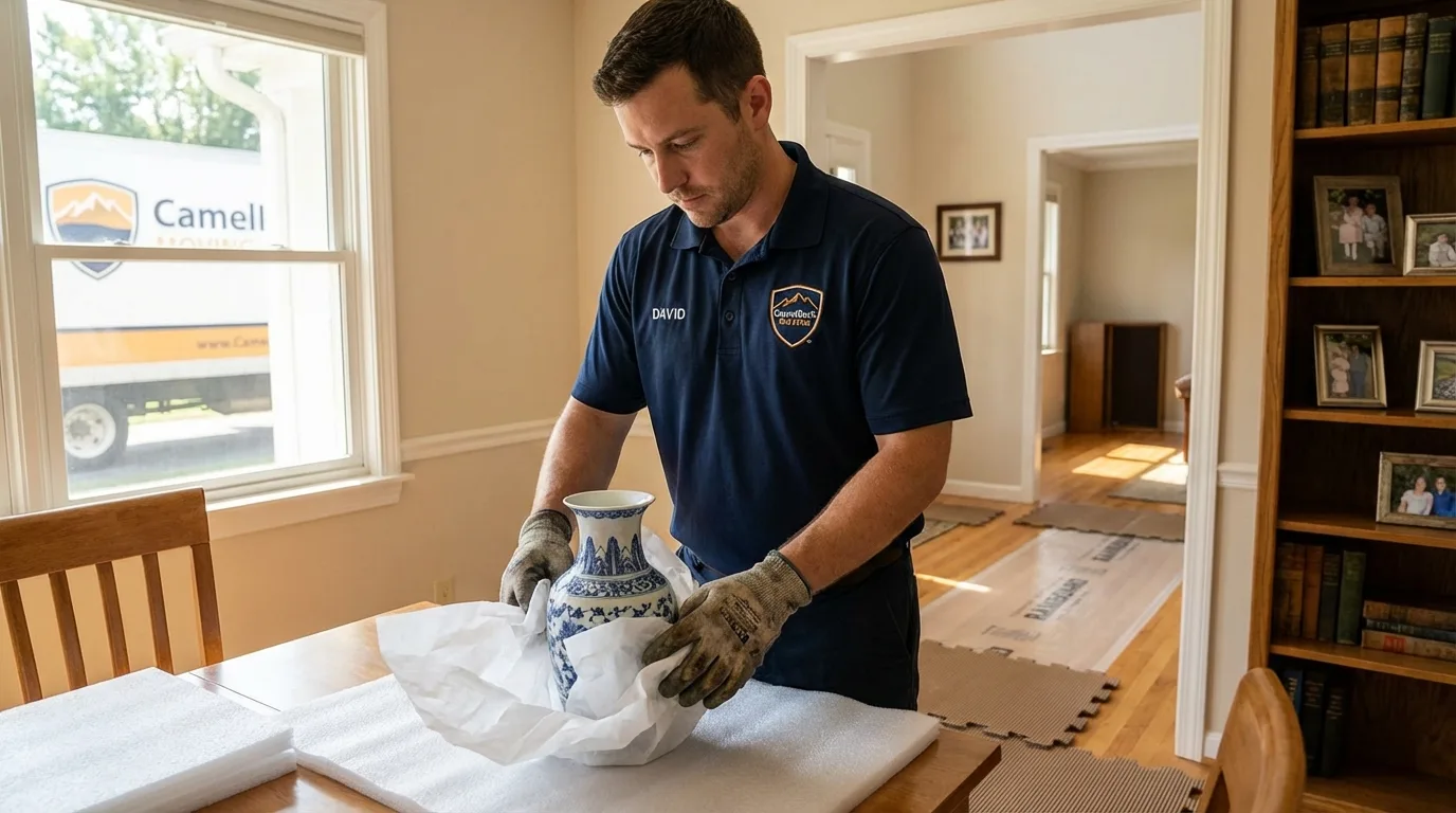 Professional crew carefully wrapping antique vase for senior downsizing move in Willmar, MN